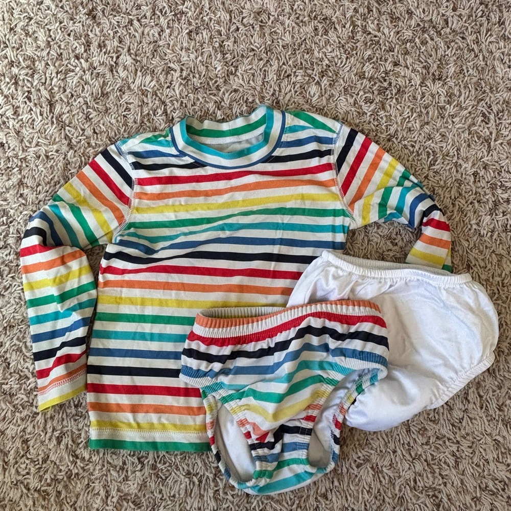 Primary Rainbow Stripe Long Sleeve Rashguard + Swim Diapers